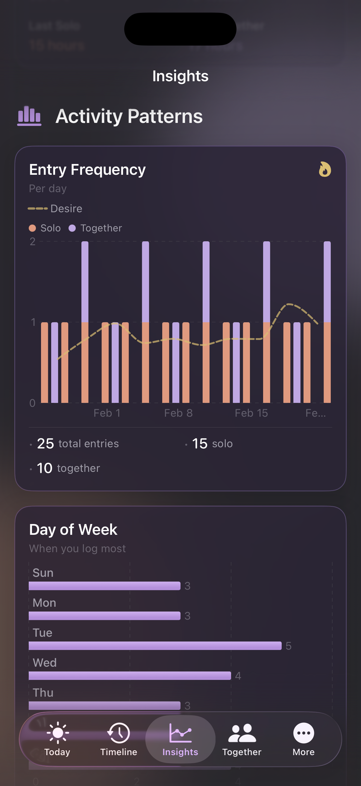 Activity Patterns with entry frequency chart and day-of-week breakdown